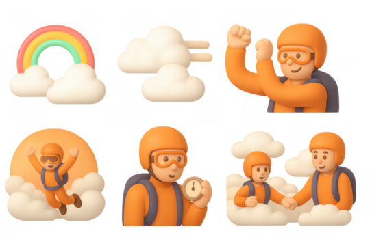 Cartoon skydive adventure scene with parachutists and clouds for fun print design