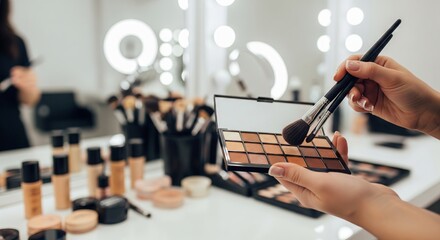 Woman hand holding makeup brush and eyeshadow palette with various brown shades. Beauty product for cosmetic, art and personal care.