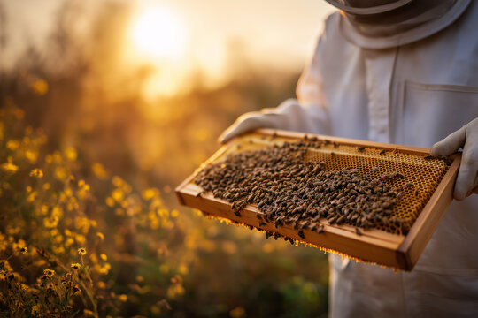 Modern Beekeeper with Honeycomb Frame at Golden Hour