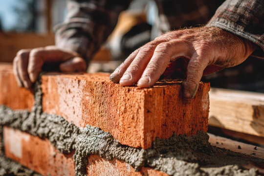 Skilled hands carefully placing a brick on fresh mortar during construction work showcasing craftsmanship and precision in building structures