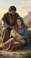 Woman holding baby with man looking over her shoulder. Holy family with halo for Christmas story and religious teaching. VERTICAL