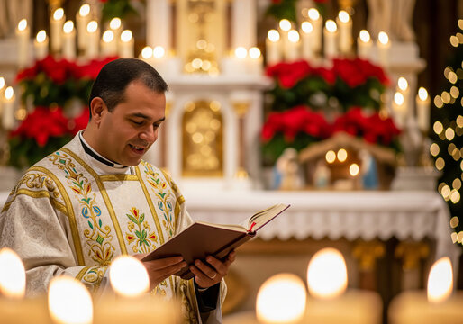 Catholic priest reading holy scripture during church service. Religious ceremony moment for Christmas or Easter holiday worship