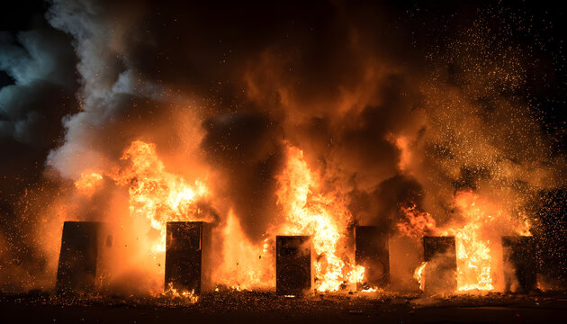 A group of speakers engulfed in flames, with smoke and sparks flying everywhere