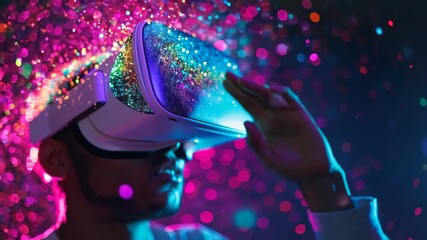 Person wearing virtual reality headset experiencing immersive digital world with colorful lights and bokeh effect 4k video - Powered by Adobe