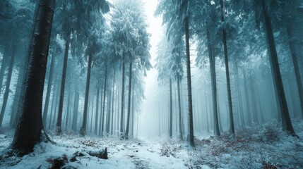 Snowy forest clearing with misty atmosphere and soft cyan tones, featuring tall trees and gentle snowfall, creating a serene winter wonderland scene with copy space