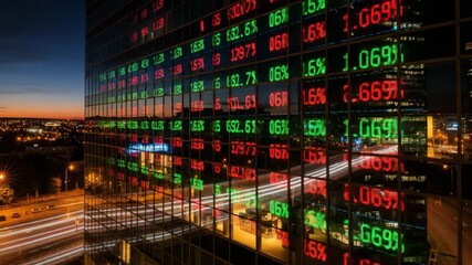 Modern skyscraper facade at dusk reflecting glowing stock market tickers in red and green numbers with - Powered by Adobe
