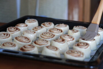 Soft raw cinnamon rolls arranged on a baking sheet, made with sweet yeast dough and cinnamon filling, ready for oven baking, recipe content and bakery promotion.