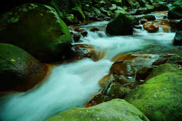 Serene mountain stream cascades over mossy rocks,creating tranquil nature scenery. © agung