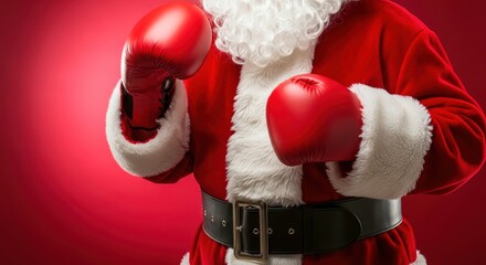Santa Claus wearing boxing gloves. Christmas and Boxing Day concept. Gifts and sales.