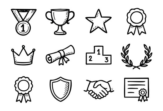 Hand-drawn doodle achievement and award icons — trophy, medal, ribbon, and crown — stock vector.