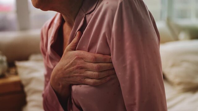 Close-up of mature woman feeling strong chest pain, heart failure symptoms
