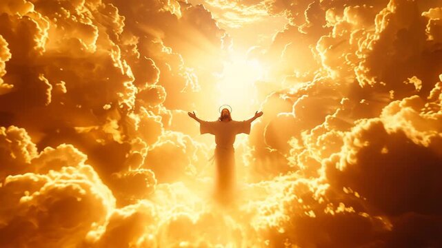 Jesus christ with open arms in heaven, surrounded by golden clouds and bright light, religious concept 4k video
