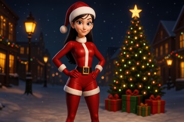 3D cartoon woman in Santa outfit posing on snowy Christmas street