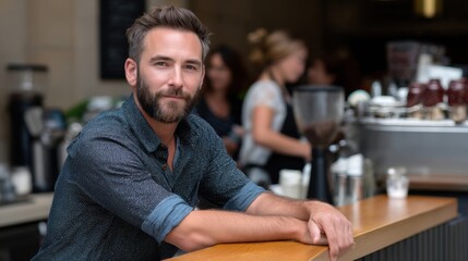 A barista in a bustling urban cafe, leaning on the counter and looking confidently at the camera. 