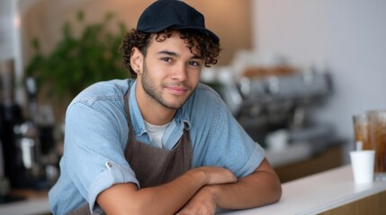 A barista in a bustling urban cafe, leaning on the counter and looking confidently at the camera. 