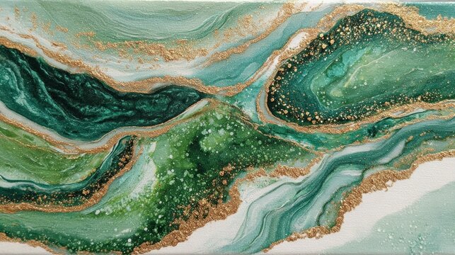 Green and gold fluid art abstract with shimmering metallic textures and marbled flowing forms