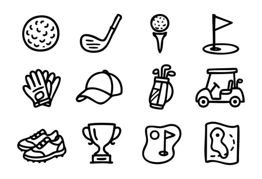 Hand-drawn doodle golf icons &mdash; club, ball, tee, and trophy &mdash; stock vector.