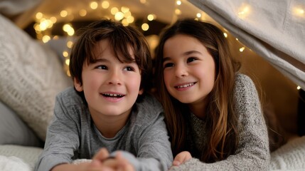 A brother and sister giggling while building a pillow fort in their living room, lit by fairy lights. 