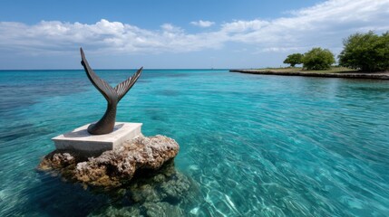 A bronze mermaid statue rises from shallow turquoise waters near a tropical island shore, with coral reefs in the background. 