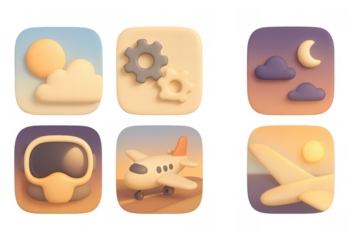 Peaceful flight icon set with sunset and sunrise backgrounds for app design