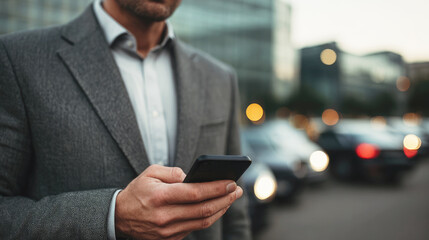 Businessman in grey suit using smartphone on city street at dusk, with blurred car lights and urban buildings in the background.