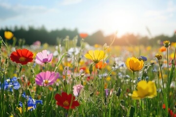 Obraz premium A field of bright wildflowers blooming under the warm sun on a clear day.