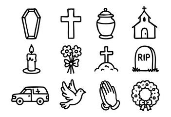 Fototapeta na wymiar Hand-drawn doodle funeral and memorial icons — coffin, cross, candle, and dove — stock vector.