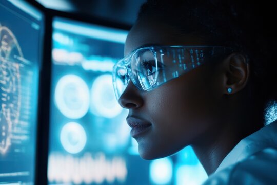 A person wearing advanced glasses looks at a futuristic computer screen displaying complex data graphs.