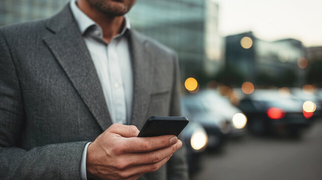 Businessman in grey suit using smartphone on city street at dusk, with blurred car lights and urban buildings in the background.