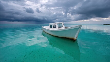 Naklejka premium An abandoned fishing boat half-submerged in shallow emerald waters, reflecting a stormy tropical sky. 