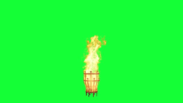 Burning torch basket with flames on Green Screen