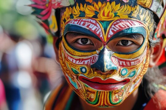 A person wears a brightly painted traditional mask with bold colors and patterns.
