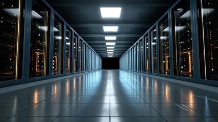 A futuristic data center with rows of optical fiber cables connected to blinking server racks in a neon-lit room.