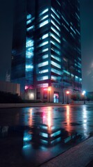 A futuristic skyscraper with neon-lit windows, casting colorful reflections on wet pavement after rain. 