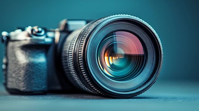 Close-up of a digital camera lens with glass elements metal ring bluegreen backlit, and reflections