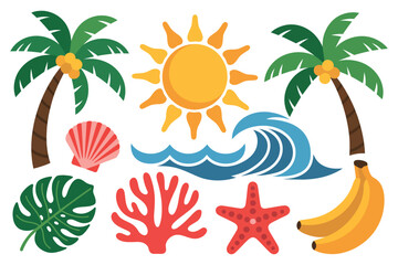 Fototapeta premium Cartoon illustration of tropical beach elements with palm trees and sun