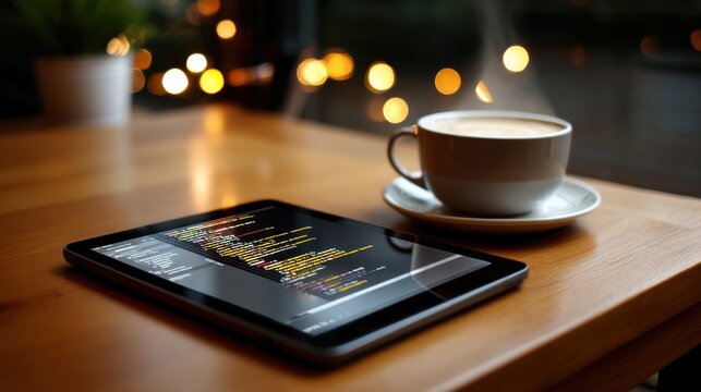 A glowing tablet screen displaying code in a dimly lit coffee shop, with a steaming cup nearby. 