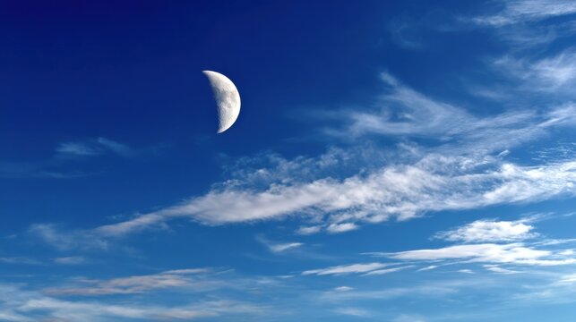 A half moon in a deep indigo sky, surrounded by wispy clouds over a quiet countryside field. 