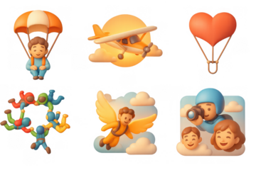 Skydiving adventure with heartfelt icons for creative designs and illustrations