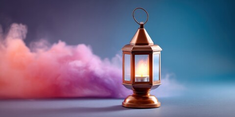 A magical lamp emitting multicolored smoke in a studio with a gradient violet-to-blue background. 