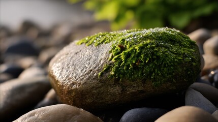 Close-up of soft moss covering a smooth river rock, with water droplets glistening in morning light. 