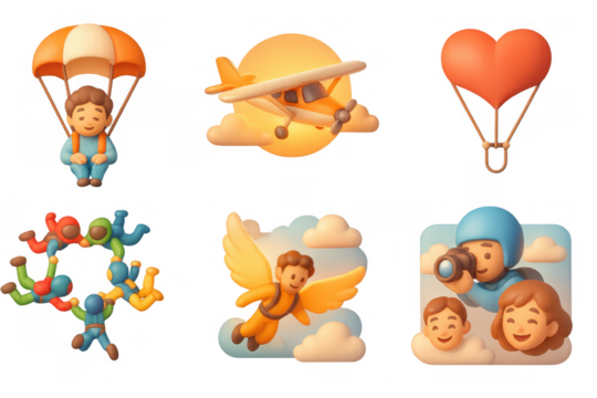 Skydiving adventure with heartfelt icons for creative designs and illustrations