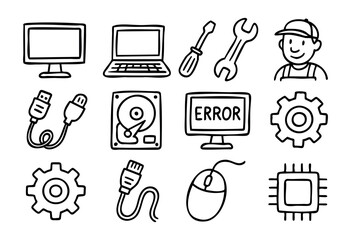 Hand-drawn doodle computer repair and service icons — monitor, wrench, screwdriver, and technician — stock vector.