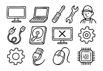 Hand-drawn doodle computer repair and service icons — monitor, wrench, screwdriver, and technician — stock vector.