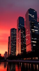 A row of skyscrapers with scattered illuminated windows, their glass facades mirroring a fiery red evening sky. 