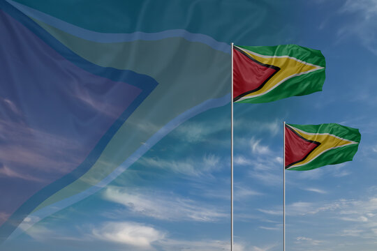 Card for Independence day National flags of Guyana waving in sky