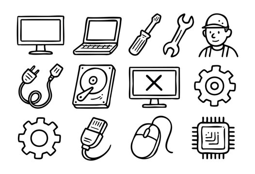 Hand-drawn doodle computer repair and service icons — monitor, wrench, screwdriver, and technician — stock vector.