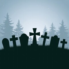 Spooky cemetery silhouettes with pine trees and fog