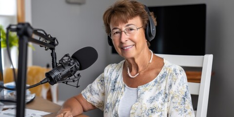A senior woman hosting a podcast, smiling confidently into a microphone in a home studio setup.