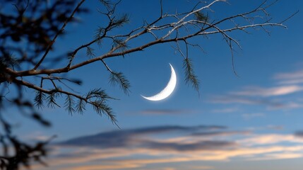 A serene night sky with a crescent moon framed by delicate silhouetted tree branches. 